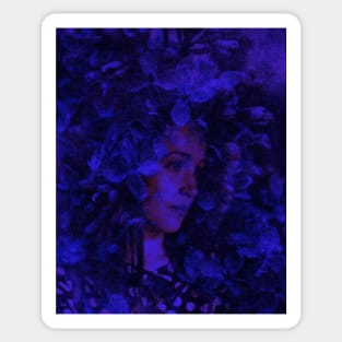 Beautiful girl, near the flowers. Dark, dim, calm and beautiful. Blue. Slightly brighter version. Sticker